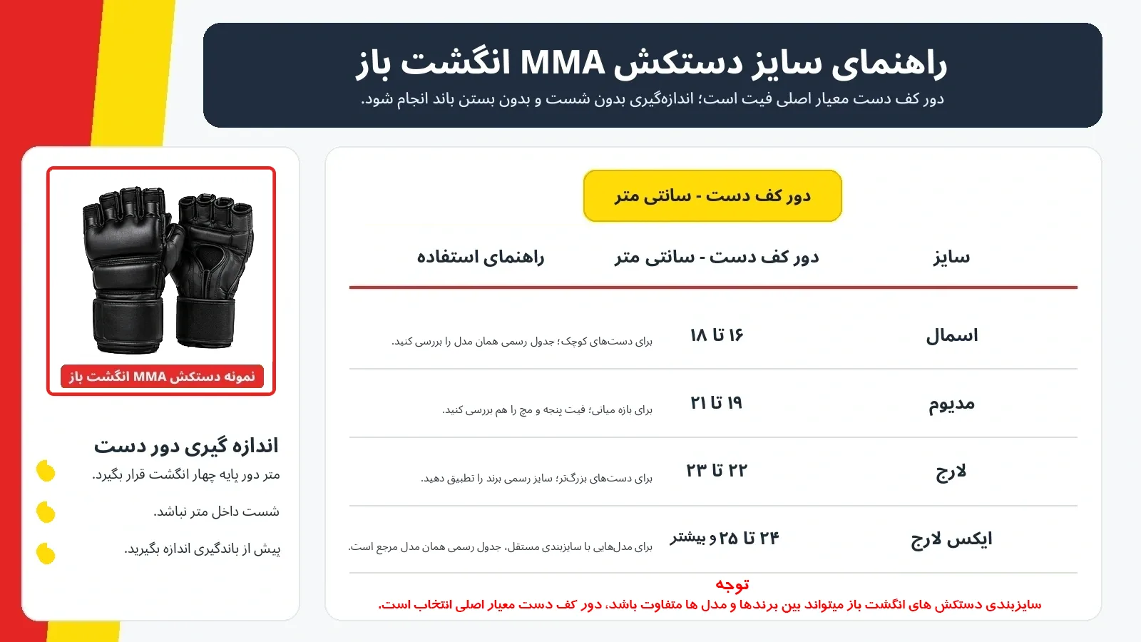 جدول سایز دستکش MMA انگشتباز | Fingerless MMA Glove Size Chart by Hand Circumference جدول کامل سایز دستکش MMA انگشتباز بر اساس دور دست به سانتیمتر | Fingerless MMA glove size chart by hand circumference